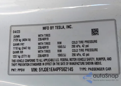 2023 Tesla Model 3 Rear-Wheel Drive from USA, damaged, VIN 5YJ3E1EA4PF562145